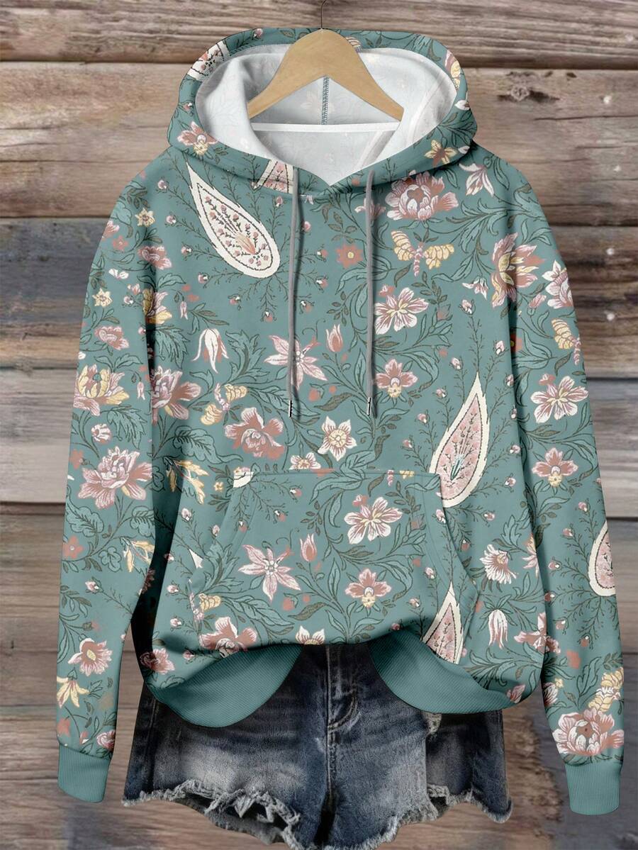 EMERY ROSE Women's Casual Hooded Sweatshirt With Floral & Auspicious Print, Versatile, Sporty Style, Suitable For Outdoor, Home Wear, Autumn - Multicolor - View 1