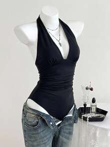 Flirla Áo liền thân nữ kiểu dáng thường ngày, cổ chữ V sâu, thắt nơ phía trước, đa năng cho mùa hè. - màu đen - Xem 4