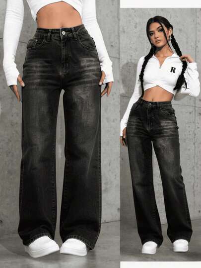 MJEN01 Pantalones vaqueros negros holgados para mujer, look diario Pantalones anchos modernos con estilo, combinados perfectamente con una camiseta corta blanca para un look casual atemporal