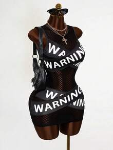 Mistrie Đầm ngắn nữ mới, ôm sát và tôn dáng, với họa tiết lưới in hình và khẩu hiệu, thích hợp cho chụp ảnh đường phố, các lễ hội âm nhạc. - trắng - Xem 4