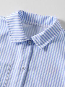 SHEIN 适合度假、上学的少女休闲街头服饰，卡通印花条纹衬衫和裤子套装 - 藍色 - 查看 5