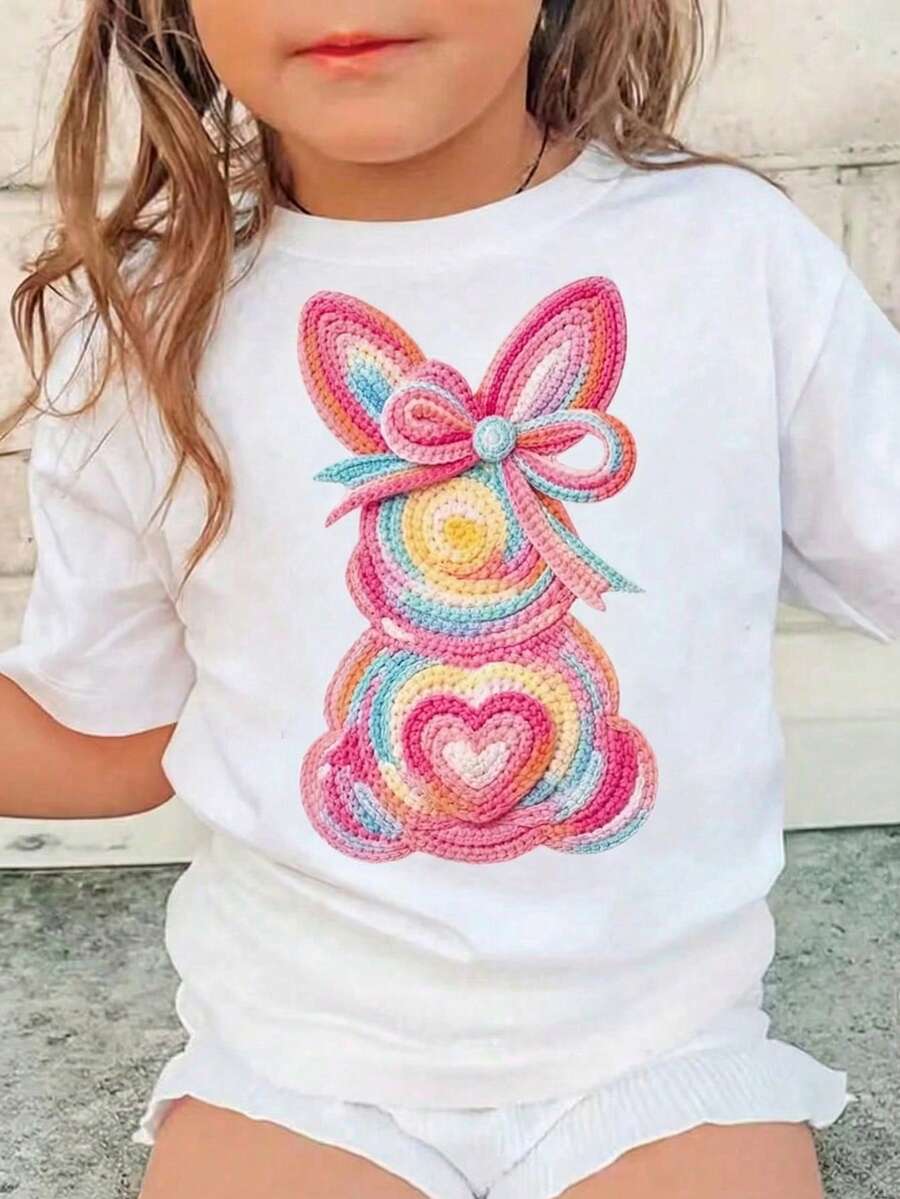 SHEIN Camiseta de uso diario versátil y casual con cuello redondo y estampado de dibujos animados - Blanco - Ver 1