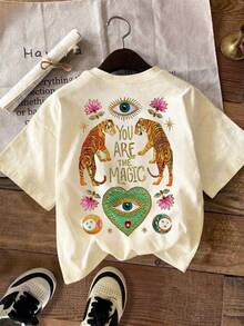 EMERY ROSE Women's Casual T-Shirt, Mysterious Tiger Art T-Shirt - Surrealism T-Shirt, Pink And Gold Tiger T-Shirt - Apricot - View 2