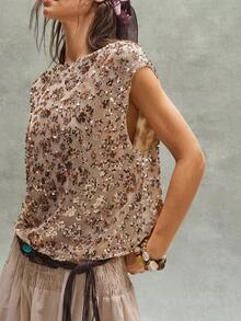 Bohemela Casual Beaded Loose Blouse For Women, Spring/Summer - Champagne - View 6