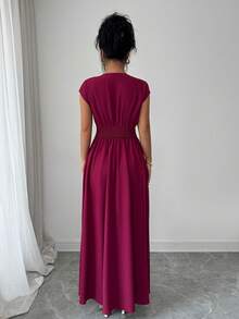 Franclia Vestido de mujer con cuello en V elegante, mangas tipo murciélago, cintura ceñida y bajo acampanado, color rojo cereza, para primavera/verano - Burdeos - Ver 6