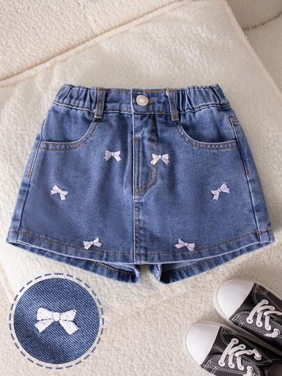 Genkimix Kids Falda pantalón vaquera azul oscuro vintage con bordado de lazo para niña, esencial y dulce para la escuela diaria y salidas familiares