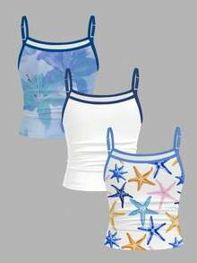 3pcs/Set Tween Girls' Chill Vacation Style Tropical Hibiscus, Blue Hibiscus, Blue Starfish & Seashell Print Camisole Tops, Suitable For Summer Vacation, Outing, Cozy Spring And Summer Styles - Multicolor - View 2