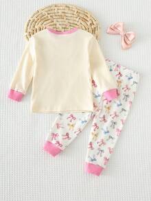Cozy Pixies Baby Girl Snug Fit Pajama Set, Letter Print Soft Knit Crew Neck Short Sleeve Top And Elastic Waist Leggings - Pink - View 2