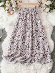 GlowEve 优雅休闲碎花喇叭裙，适合日常、夏季和度假穿着 - 卡其色 - 查看 6