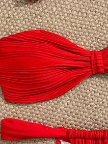 Swim Mod 2pcs Textured Solid Color Bandeau Bikini Set For Women, Suitable For Sunny Beach - Red - View 4