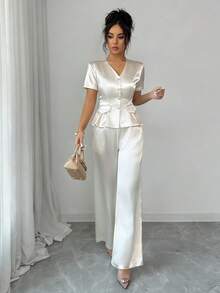 Selianne Women's V-Neck Shirt With Gold Button Decor And Women's Pants, Elegant 2 Pieces Set - Apricot - View 3
