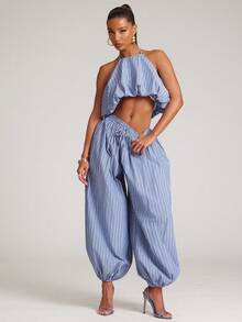 NYA SZN 吊带背心和泡泡裤条纹套装 - 藍色 - 查看 6