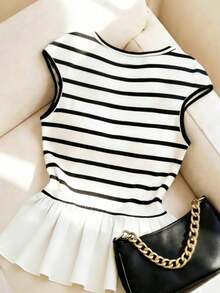 SHEIN Clasi Damen Große Größen elegantes Sommer Retro Schwarz-Weiß gestreiftes Kurzarm Strickoberteil, formell leicht lässig Patchwork minimalistisch Pendeln süßes Top - Schwarz und Weiss - Übersicht 2