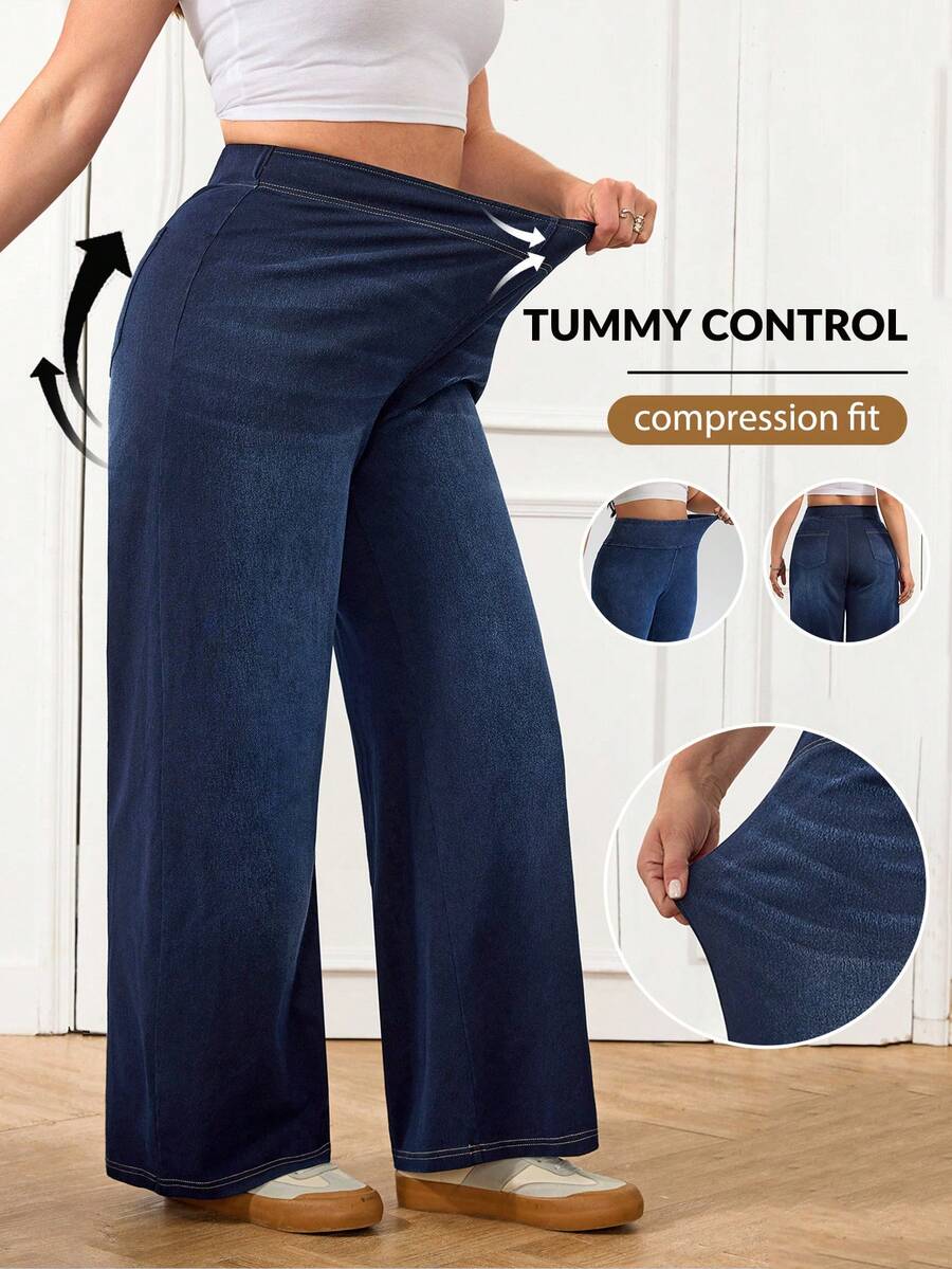 SHEIN PETITE CURVE 夏季加大码娇小曲线女式弹力腰阔腿宽松休闲高腰弹力牛仔阔腿裤，女士弹力腰加大码休闲牛仔裤，高弹舒适面料，百搭牛仔裤 - 深色水洗藍 - 查看 1