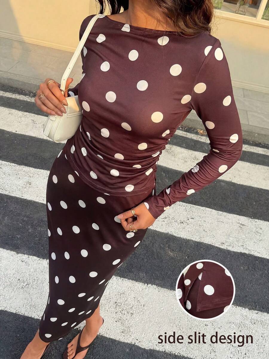 Aidyla 咖啡色波点船领褶皱开衩设计时尚性感约会之夜女士T恤 - 咖啡棕 - 查看 1