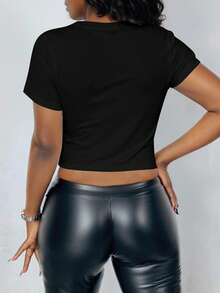 Maweii Plus Size Summer Casual Letter Print Cropped T-Shirt - Black - View 2