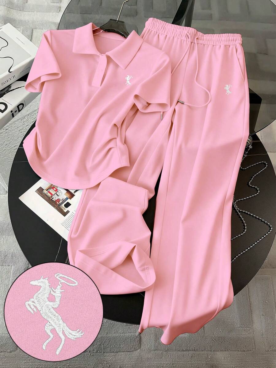 Resyla Embroidered Minimalist Polo Collar T-Shirt + Pants Set, Gift For Friends - Dusty Pink - View 1