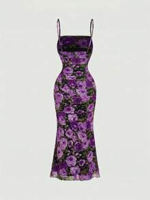 SHEIN MOD Vintage 70s Oil Painting Floral Print Ruched Dress – Slim Fit Mermaid Hem For Date, Party, Prom & Festival In Glamorous Court Style,Summer Dresses For Women - Purple - View 2