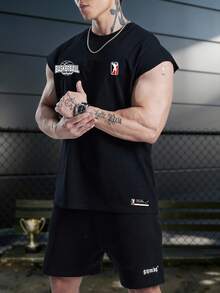 GymBeat Men's Letter Print Round Neck Casual Sports Tank Top - Black - View 3