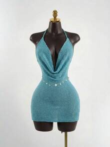 SaltGleam SaltGleam Women's Sexy Plunging Neck Backless Halter Knit Dress For Vacation - Teal Blue - View 3
