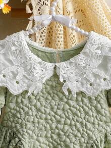 女童甜美公主风刺绣荷叶边领长袖花瓣袖提花面料时尚连衣裙，适合派对、生日、节日、所有季节 - 綠色 - 查看 5