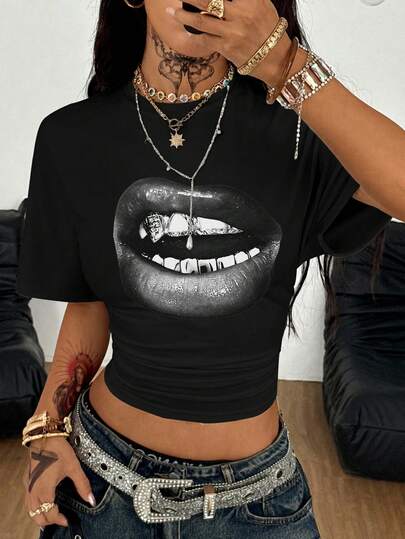 Coolane Women's Casual Lip Print Short Sleeve T-Shirt, Versatile For Daily Wear