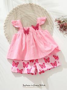 Cozy Pixies Baby Girl Butterfly Pattern Square Neck Sleeveless Top And Elastic Waist Shorts 2 Pieces Set - Pink - View 9