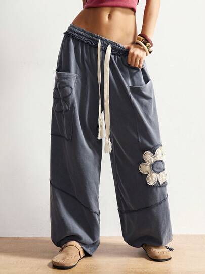 Bohemela Women's Casual Solid Color Knit Loose Drawstring Sweatpants