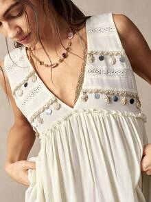 Bohemela Women's Off-White Boho Summer Tank Top,Vacation Holiday Handcrafted Shell Tassel Patchwork Ruffled Hem Casual Sleeveless Top For Beach Festival - Apricot - View 2