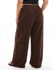 SHEIN EZwear 大码女式灯芯绒高腰阔腿裤，带口袋和贴片设计，适合学校、日常生活和室内工作，秋冬季 - 咖啡棕 - 查看 5