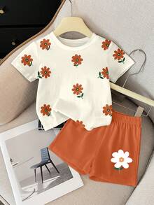 Bộ quần áo 2 món in họa tiết hoa cho bé gái, gồm quần short và áo thun, thích hợp cho mùa xuân/hè. - Hồng - Xem 2