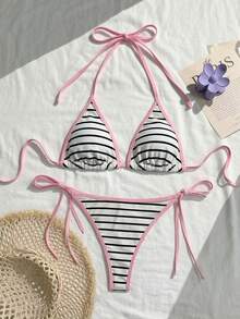 GlowEve 女士比基尼两件套，撞色条纹抹胸上衣和泳裤，适合海滩度假。粉色撞色黑白条纹两件式泳衣。粉色蝴蝶结设计女士泳装套装 - 彩色 - 查看 2