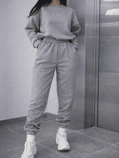Conjunto Pants Pans Deportivo Mujer Sudadera Oversized Cuello Redondo Manga Larga Joggers Cintura Elástica Bolsillos Ajuste Relajado Color Gris Casual Urbano Diario Primavera Invierno Otoño Lindo Atemporal Cómodo Hoodie