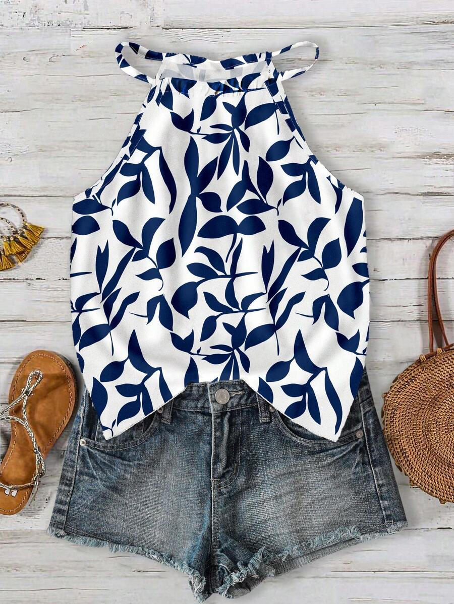 SHEIN LUNE Plus Size Women Floral Print Halter Neck Camisole, Suitable For Spring And Summer - Multicolor - View 1