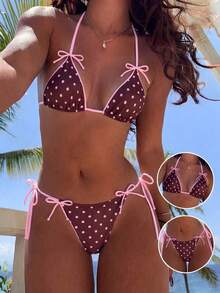 Swim Mod 两件套豹纹蝴蝶结性感女士比基尼套装，挂脖式吊带泳衣 - 彩色 - 查看 3