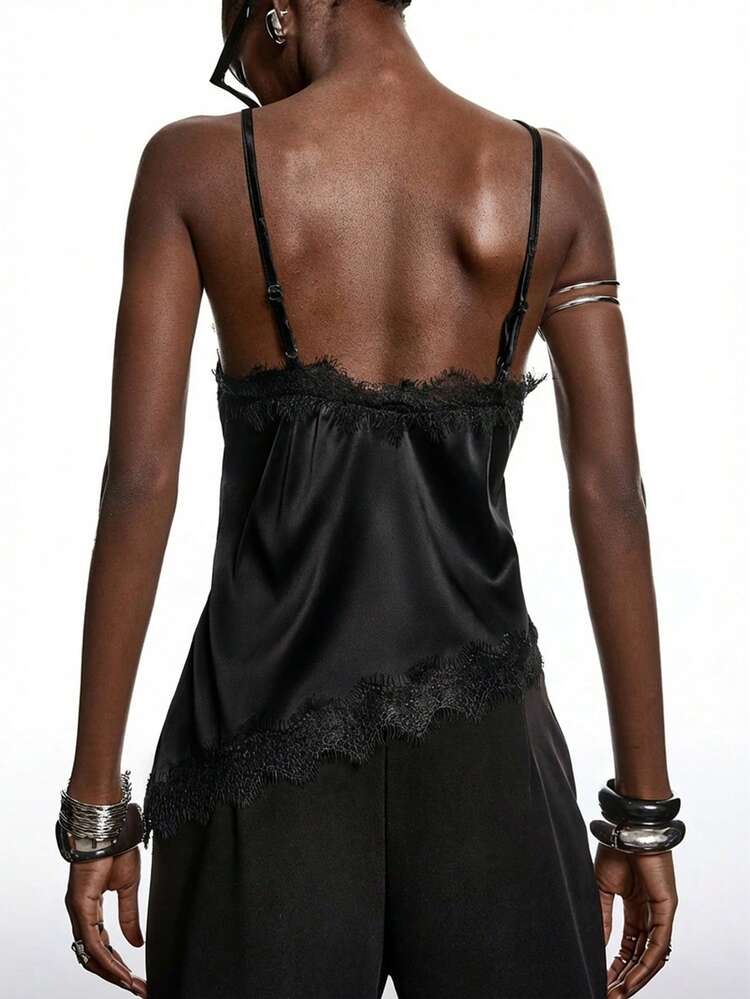 LYSMO Regata Casual Versátil de Uso Diário com Recortes de Renda Feminina - Preto - Visão 2