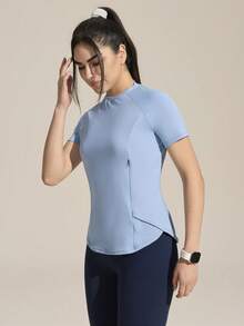 Exploreva 女士纯色圆领插肩袖简约设计户外T恤背心 女士健身上衣 短袖运动上衣 - 藍色 - 查看 4