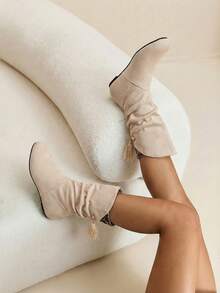 Daringsoles Giày bốt cao đến giữa bắp chân, thường ngày, xếp ly dành cho nữ - Màu be - Xem 2