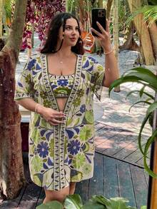 Swim Vcay 3件套加大码印花吊带背心泳衣套装，休闲夏季沙滩装，女士 - 彩色 - 查看 5