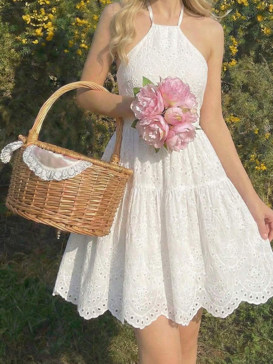 Serisse Kids 少女休闲/春夏白色刺绣露背吊带连衣裙，适合青少年女孩，白色毕业礼服，夏季服装，太阳裙，波西米亚风，度假连衣裙 - 白色 - 查看 1