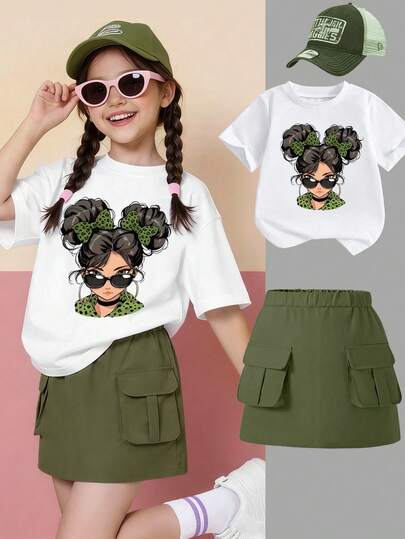 Sparklyn 2pcs/Set Young Girl's Casual Fashion Spring/Summer Short Sleeve T-Shirt And Skirt Set, Featuring Cool Cartoon Character And Sweet Girl Design, Comfortable Round Neck T-Shirt And Utility Skirt, Suitable For Casual, Street, Outdoor, School, Party And Gift