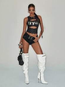 Y2Kool Ronald Lubega 黑色和银色金属质感破洞Y2K性感露脐背心，休闲街头风，适合春夏、派对、度假、日常穿着。 - 黑色 - 查看 6