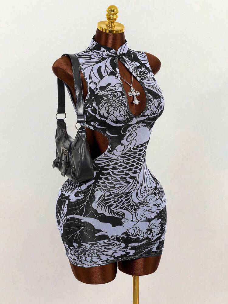 dragon print bodycon dress Aellinatey Womens Chinese Style Dragon Print Short Sleeve Mini Bodycon Dress Keyhole Stand Collar Split Hem Vintage Cheongsam, Women's, Size: Large,