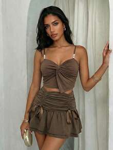 Glamine Elegant Satin Ribbon Drawstring Double-Layer Ruffle Hem Skirt - Army Green - View 5