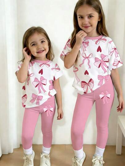 1 Set Young Girls' Casual Fashion Creative Cute Cartoon Bowknot Print Short Sleeve T-Shirt And Leggings Set, Suitable For Outings, Leisure, Sports And School In Spring/Summer