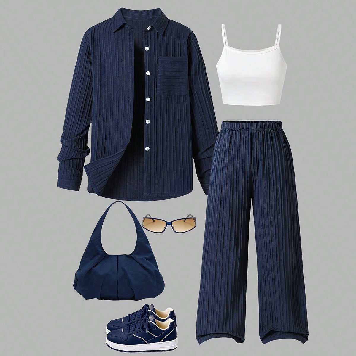 Conjunto informal de 3 piezas con camisa texturizada de jacquard tejido, top camiseta y falda larga, de corte holgado y cómodo para primavera, verano