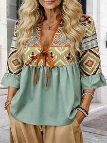 EMERY ROSE Women's V-Neck Twist Design Pleated Geometric Print Casual Versatile Daily Wear Top - Multicolor - View 4