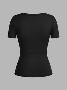 SHEIN EZwear 3件套女士深V领紧身休闲短袖基础款叠穿长袖T恤套装，适合春夏穿着，女士黑色V领T恤基础款上衣修身款T恤3件装，夏季上衣 - 黑色 - 查看 5