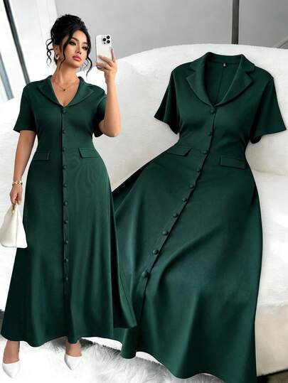 Elenzga Plus Size Women Elegant Commuter Solid Color Mottled Collar Waist Button Decor A-Line Skirt Back Tie Short Sleeve Dress Solid Color Dress Green Dark Green Women Dress Green Dress Curve Casual Long Dress St Patricks Day Maxi Dress Elegant Formal Dress Casual Dress For Women Womens Dress Formal Wear