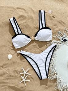 Swim  Set de 2 piezas de bikini con corte alto y split de color liso, mejor vendido para el verano, conjunto de traje de baño y vacaciones en la playa - Blanco - Ver 3